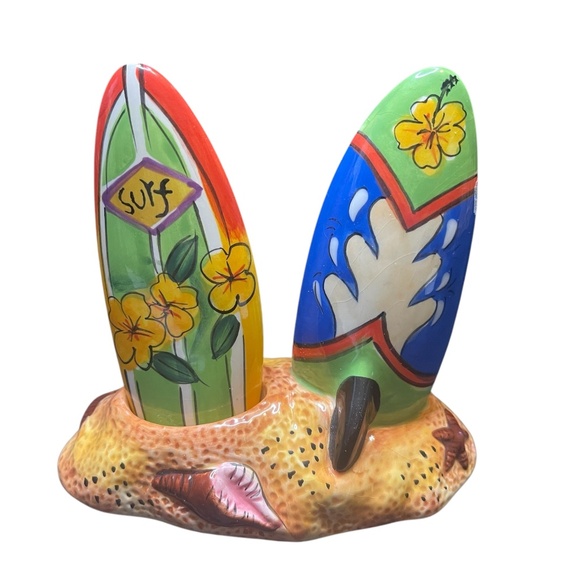 Clay Art Surf Board Salt and Pepper Shakers - Hang Ten Beach Waves Sun and Sand - Picture 1 of 8
